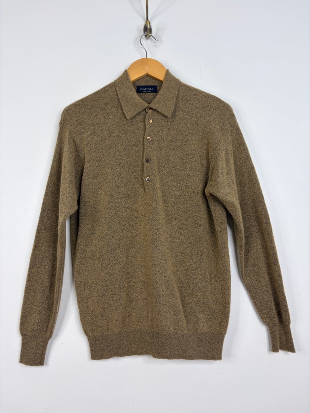 Canali Sweater Mens 50 US Large Brown Merino Wool Blend Terry Polo Collar